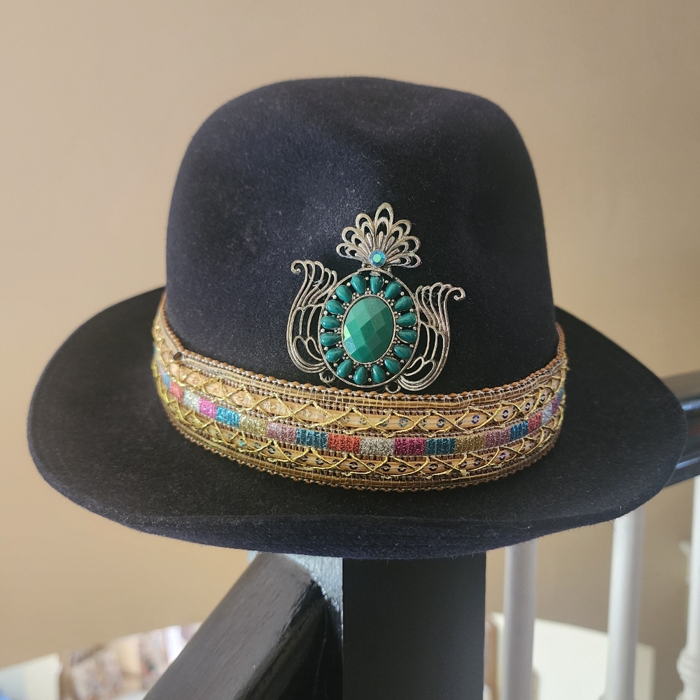 Upcycled Boho Black Hat w/ Gold Indian Textile Band & Emerald / Silver Brooch